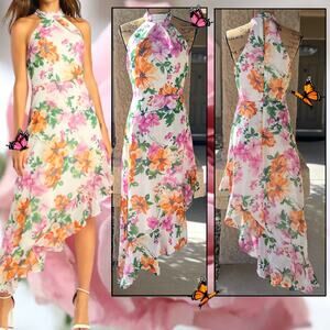Lulus White Floral Print Dress Asymmetrical Midi Dress Size Small
